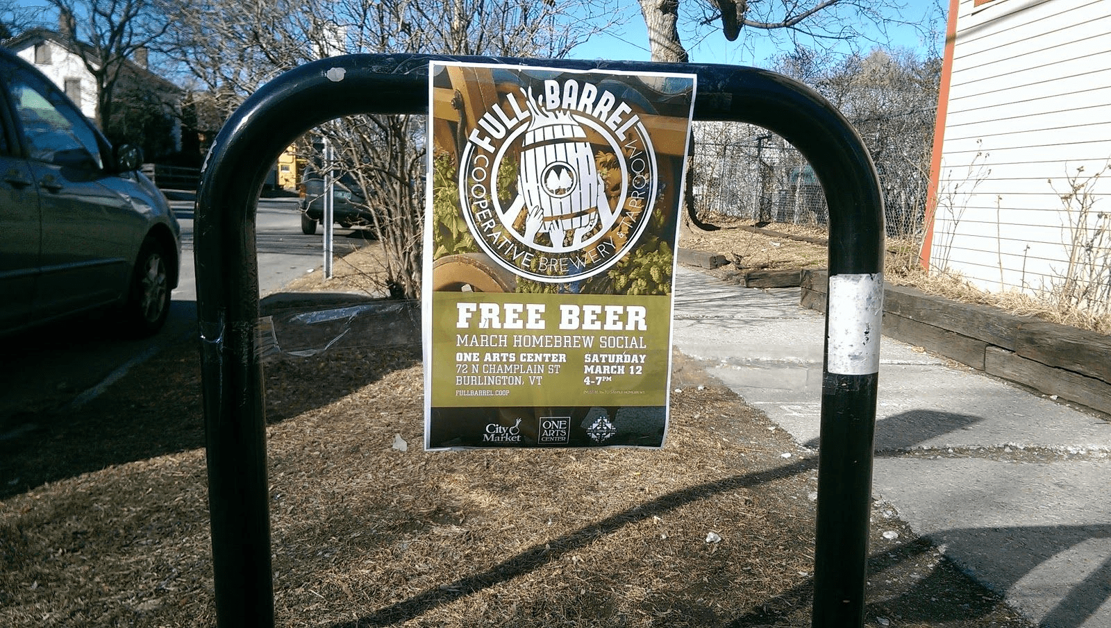 event poster for free beer offered by the Full Barrel co-op